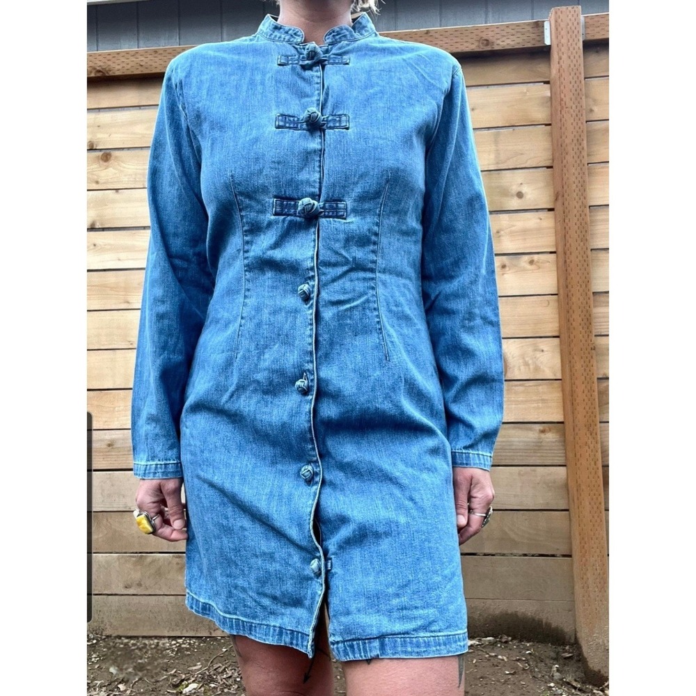 Guess‎ Oriental Denim Dress Womens 9 Blue Mandarin Collar Frog Button Indigo VTG